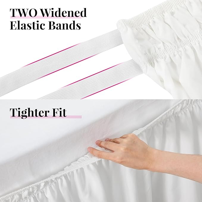 RIMELA Bed Skirting Queen Size White Bed Skirt 21 Inch Drop, Wrap Around Elastic Adjustable Bedskirt, Dust Ruffle for Bed Frame & Box Spring Soft Durable Fabric Machine Washable Easy to Install