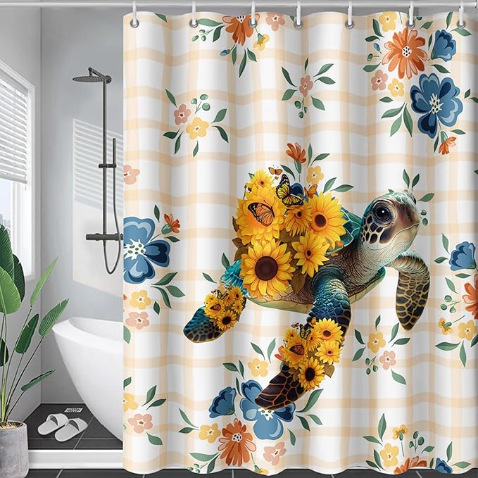 AILONEN Sea Turtle Shower Curtain for Bathroom, Sunflower Turtle Bathroom Curtain,Ocean Turtle Floral Grid Bath Curtain 72" W*72" H Polyester Waterproof Bathroom Curtain with 12 Hooks