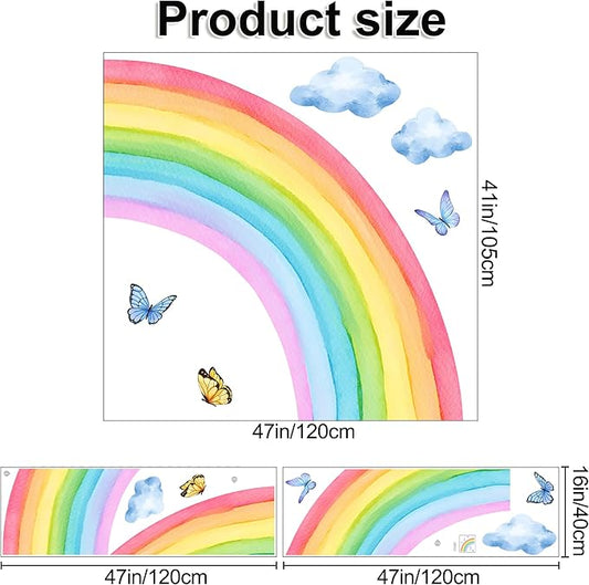 Removable 3D Large Colorful Boho Half Rainbow Wall Sticker Peel and Stick Self-Adhesive Colorful Pastel Rainbow with Cloud and Butterfly Wall Decals Wallpaper for Kids Girls Bedroom Nursery