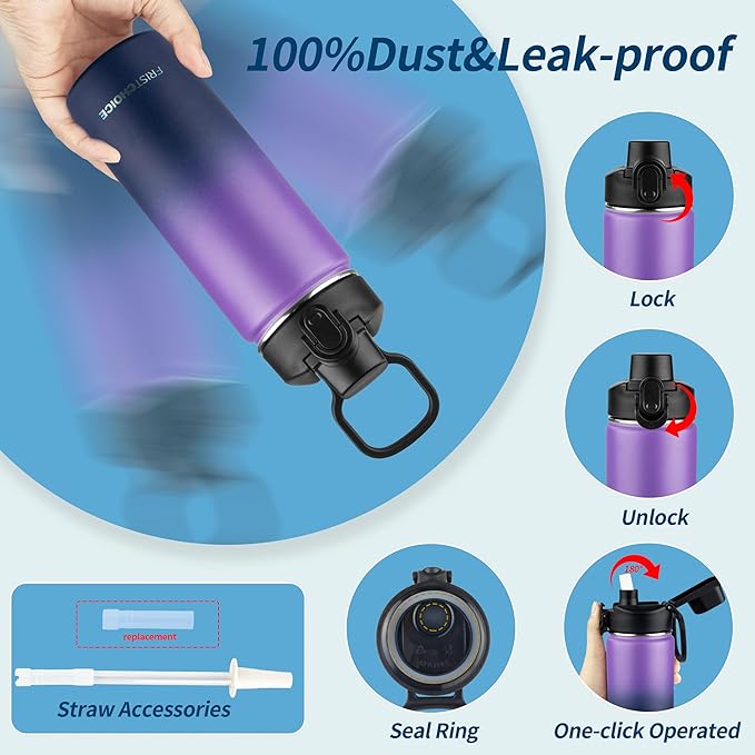 Insulated water bottle with Straw,18oz Stainless Steel Water Bottle for Adult Kids,Double Wall Vacuum Wide Mouth Insulated Water Bottle for School,BPA-free and Leak-proofοΌ18oz,Purple Navy blueοΌ