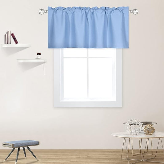 Sky Blue Valance for Windows 42x18 Inch Solid Thermal Insulated Blackout Rod Pocket Kitchen Short Curtain Toppers Valance for Bathroom Living Room, Light Baby Blue