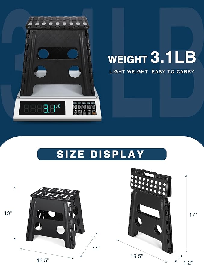 Folding Step Stool 13", Durable Kids Step Stool, Heavy Duty Step Stools for Adults, Compact Foot Stools, Light-Weight Toddler Step Stool for Kitchen, Bathroom, Holds Up to 300 lbs (Black)