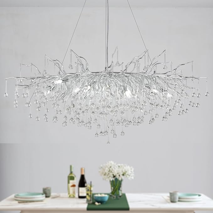 Modern Chandeliers,47.24in Rectangular Crystal Chandelier Chrome, 13-Light Farmhouse Raindrop Chandelier Pendant Light Fixture for Living Room, Kitchen Island 13-Light
