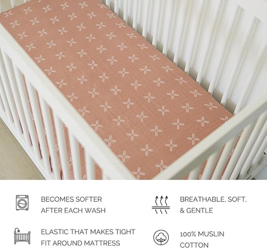 Just Peachy Muslin Crib Sheet by Mebie Baby, Soft and Breathable Bed Sheets for Babies, Modern Neutral Bedding for Cribs, Standard Crib Mattress Fitted Sheet, Great for Boy or Girl Room or Nursery