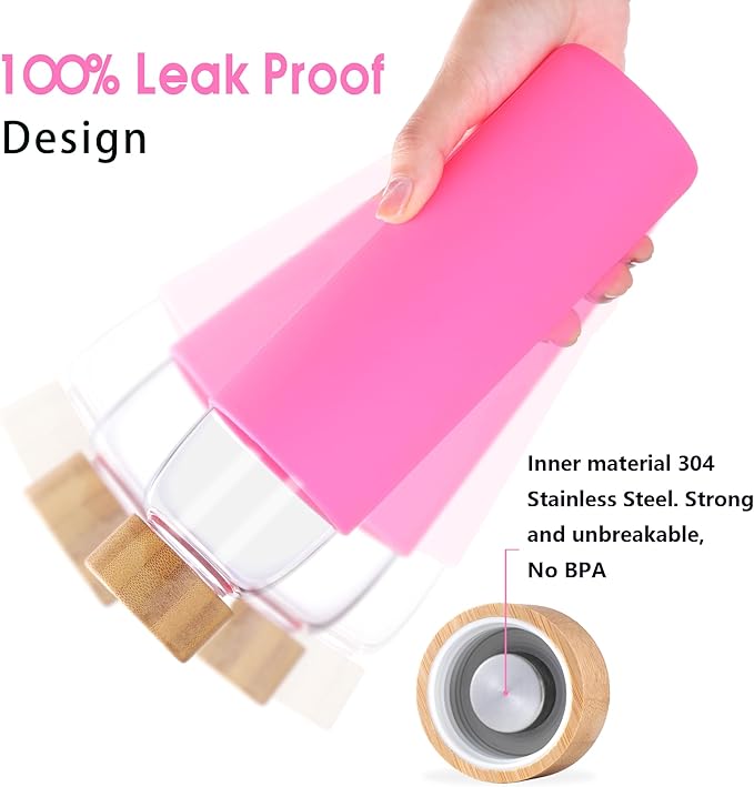 Laster Glass Water Bottle 20 Oz, 600 ml, made of Borosilicate Glass, 1 Bamboo & 1 Stainless Steel Lid, BPA Free, Non-Slip Silicone Sleeve (Barbie Pink)