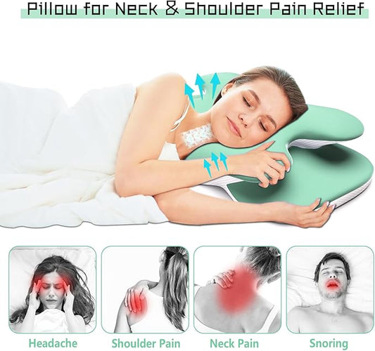 Cervical Neck Pillow for Pain Relief - Contour Memory Foam Pillows with Cooling Pillowcase, Neck Support Pillows for Sleeping, Ergonomic Orthopedic Pillow for Side, Back, Stomach Sleepers (Green)