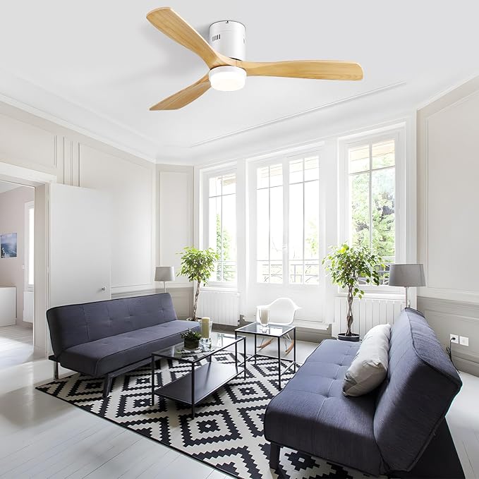 Sofucor Low Profile Ceiling Fan, Flush Mount Ceiling Fan with Lights and Remote Control, 52'' Wood Ceiling Fan with 3 Color Temperature & Adjustable Brightness, Burlywood