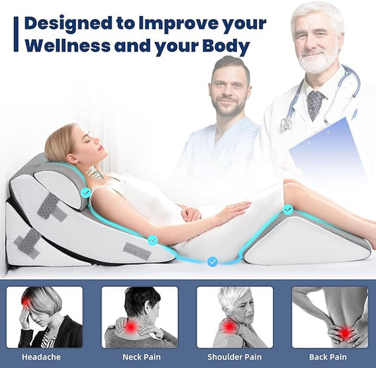 BDEUS 4PCS 23.6 Inch Wide Orthopedic Bed Wedge Pillow Set, Memory Foam Adjustable Wedge Pillow Post Surgery for Back, Neck and Leg Pain Relief-Acid Reflux and GERD for Sleeping, with Travel Bag