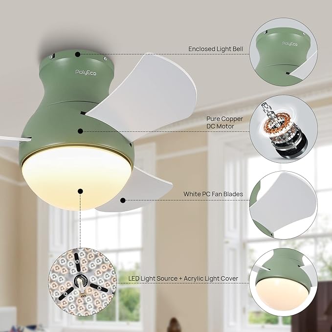 Ceiling Fan with LED Lights Flush Mount Low Profile Ceiling Fan with Remote Control 3 Plywood Fan Blades Small Ceiling Fan with Green Reversible DC Motor for Bedroom Living Room