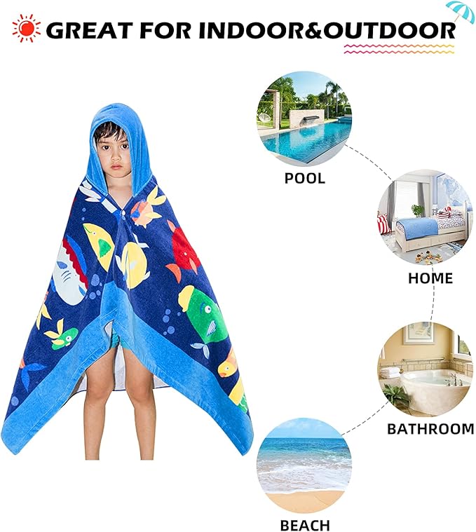 BANGSAUR Kids Hooded Beach Bath Towels, 100% Cotton 50"x30" Wrap Towel, Toddlers Boys 3-12 Years Coverup Towel Octopus