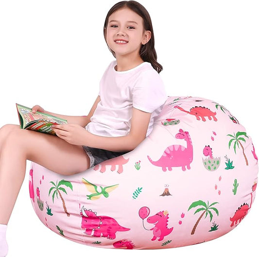 Lukeight Stuffed Animal Storage Bean Bag Chair Cover for Kids, Dinosaur Zipper Beanbag Chair Cover for Organizing Toddler and Kids' Rooms Plush Toys (Dinosaur Blush, X-Large)