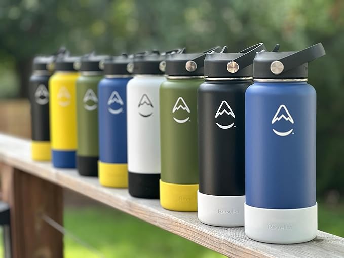 Revelist Sports Water Bottle - 32 Oz, 3 Lids (Straw Lid, Spout & Screw Top) with Boot, Vacuum Insulated Stainless Steel, Double Walled, Reusable Water Flask, Metal Canteen - Black & Yellow