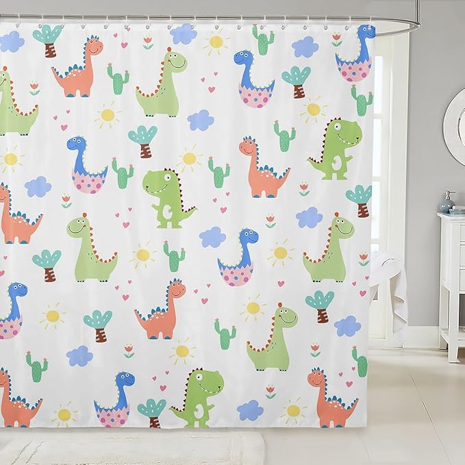 Feelyou Dinosaur Bath Curtain Cute Dinosaur Kids Boys Girls Shower Curtain Cartoon Dinosaur Bathroom Shower Curtain Set Dinosaur Print Kids Bathroom Accessories 72"x78"