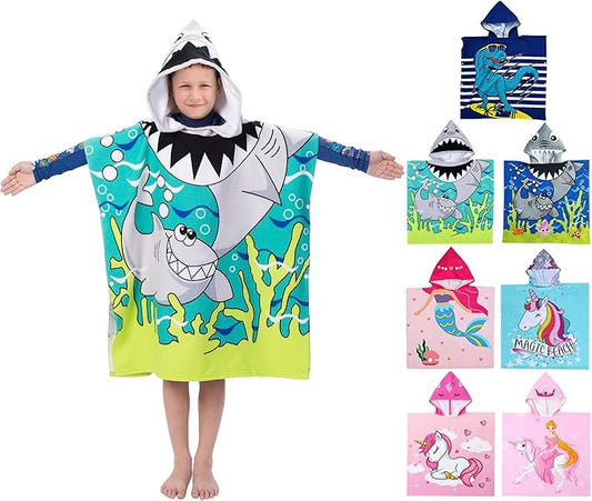 Hooded Kids Beach Towels - Toddler Bath Towel Girls Boys Swim Cover-ups for Ages 4 to 10 Kids Pool Towels Quick Dry Lightweight Soft Microfiber Poncho 30x30(Blue Sharks)