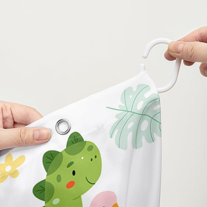 AILONEN Dinosaur Shower Curtain for Boys, Cute Green Kids Bath Curtain 48" W*72" H,Tropical Leaves Funny Dinosaur Curtain with 12 Plastic Hooks
