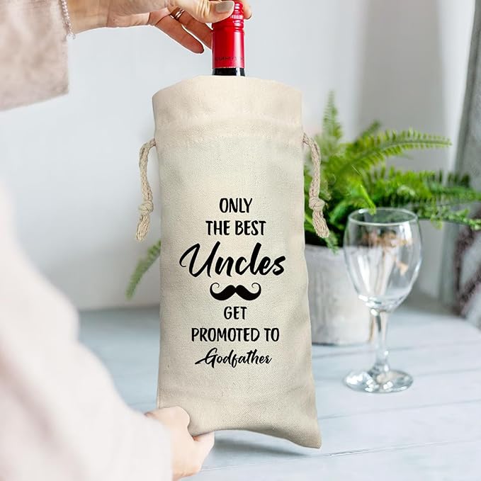 ZHANTUONE,Only the Best Uncles Promoted to Godfather,Father's Day Gifts,Funny party Wine Bags,Drawstring Polyester Cotton Cloth Wine Bag,Gift for Godfather Godparents Baptism Gift