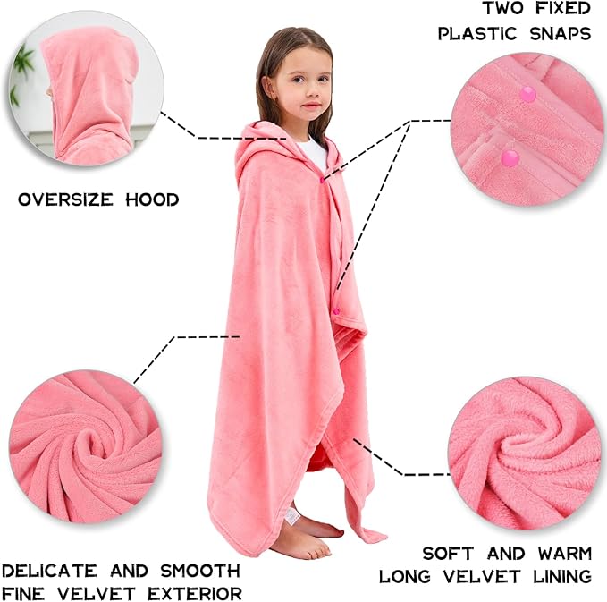 Hiturbo 2Pcs Kids Fleece Hooded Towel: Soft Plush Warm Blanket - 50"x30" Pool Beach Bath Swim Towel Wrap for 3-12 Yrs (Pink)