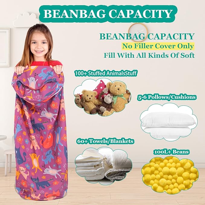 Stuffed Animal Bean Bag Storage Chair for Kids Cover Only (No Filler), Organize, Sit, Play & Boxing, 100% Cotton Canvas Washable, Ultra Soft Cylinder Long Vertical Zipper Best Gift for Child