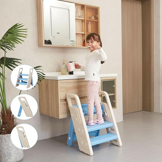 Folding Toddler Step Stool for Bathroom Sink,Adjustable 3 to 2 Step Stools for Toilet Potty Training,Sturdy Kids Step Stool for Kitchen Counter with Handle,Blue