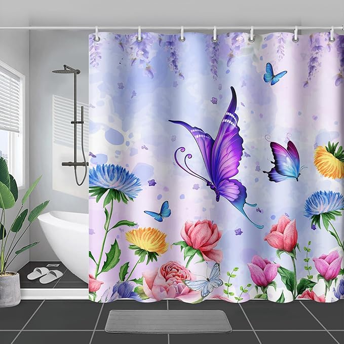 AILONEN Girls Butterfly Shower Curtain for Bathroom,Colorful Floral Flower Purple Watercolor Butterfly Printed Bath Curtain 48" W*72" H Polyester Fabric Waterproof Bathroom Curtain with 12 Hooks