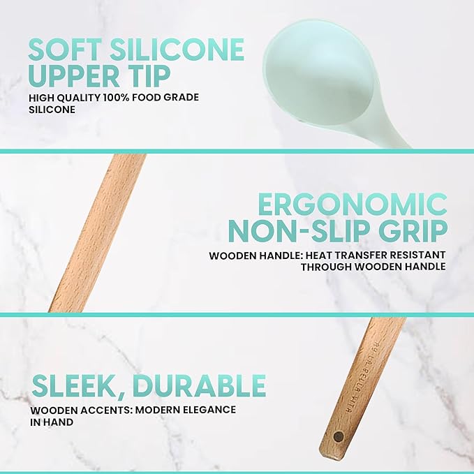 Silicone Utensil Set, 12 PCS Wooden Handle Nontoxic BPA Free 100% Food Grade Silicone Spoon Spatula Ladle Turner Tongs Kitchen Gadgets Utensil Set for Nonstick Cookware (Light Green)