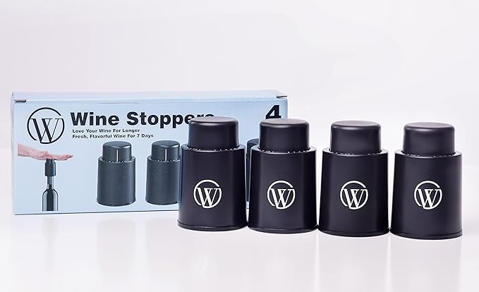 Wine Stoppers for Wine Bottles (4-Pack) - Vacuum Wine Preserver Set - Wine Saver and Sealer for Bottles - Reusable Wine Corks for Glass Bottles - Wine Accessories and Gifts to Keep Wine Fresh