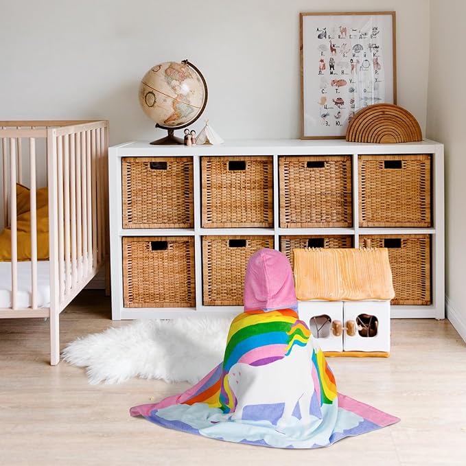 Toddler Bath Towel Hooded - Cotton Kids Beach Towel 30"x50" for Ages 3 to 10, Soft Terry Poncho Towel as Pool Swim Cover Ups for Girls Boys (Rainbow Unicorn Pink)