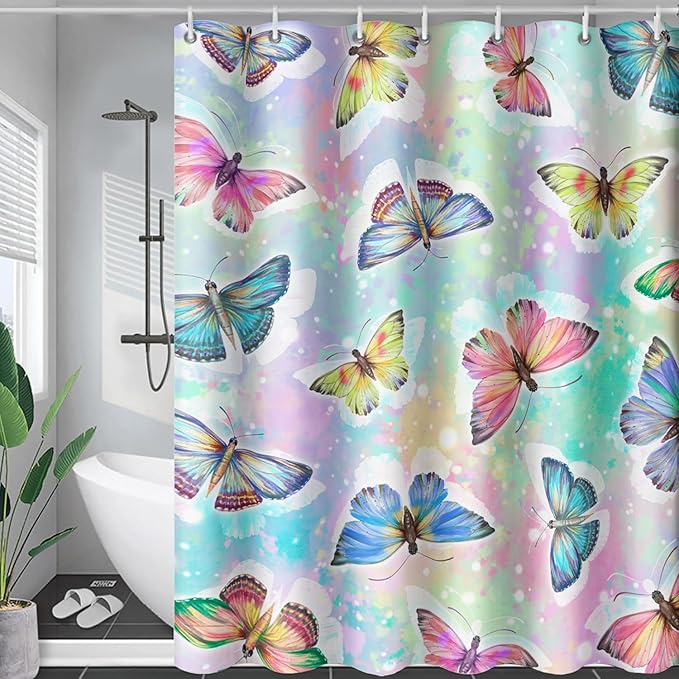 AILONEN Butterfly Shower Curtain,Rainbow Butterfly Bath Curtain,Modern Tie Dye Butterfly Art Decorative Shower Curtain with 12 Plastic Hooks (Kids/Girls/Women/Teen/) 72" W*72" H