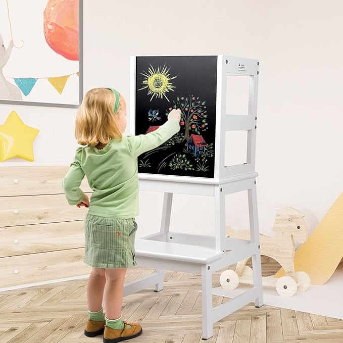 Kids Kitchen Step Stool with Chalkboard & Safety Rail for Toddlers 18 Months and Older, Safety Anti-Slip Protection, Removable Step Stool for Adult Use, White