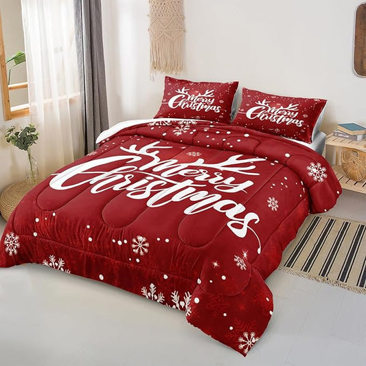 Bedbay Comforter Set King Size Christmas Bedding Set Xmas Elk Snowflakes Printed 4 Pcs Microfiber Soft Xmas Festival Bedding Set 1 Comforter 2 Pillowcases 1 Cushion Cover(Red,King)