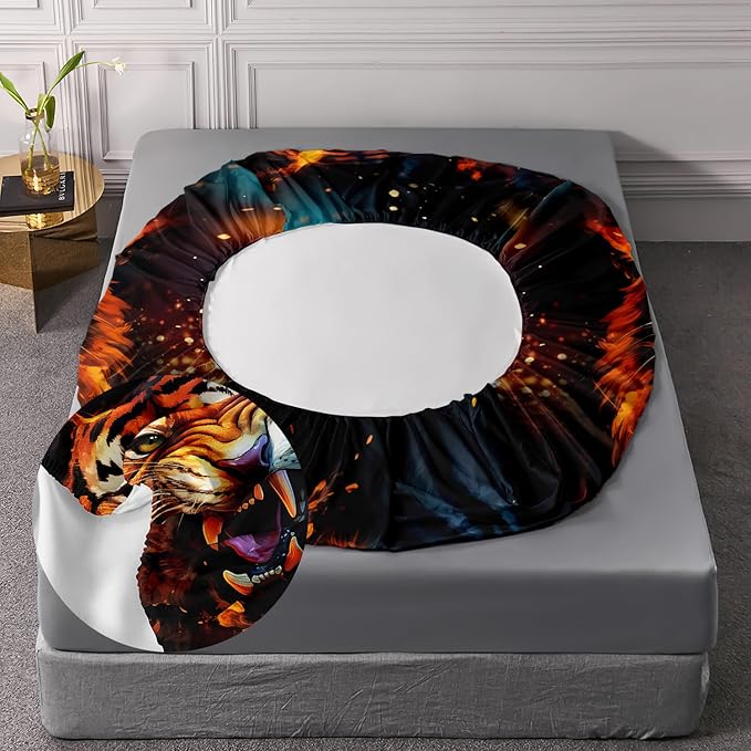 AILONEN Tiger Fitted Sheet Set Twin Size for Boys, Safari Tiger Bed Sheet Set for Kids Teen,3 Pieces Wildlife Bedding Flame Animal Tiger Print Fitted Sheet with 2 Pillowcases