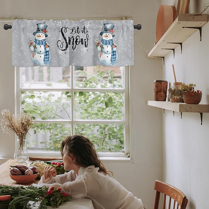 Snowman Christmas Valance Curtains for Kitchen Windows Let It Snow Winter Holiday Rod Pocket Window Treatment Toppers for Kitchen/Living Room/Bedroom/Bathroom, 42" X 12", Grey White