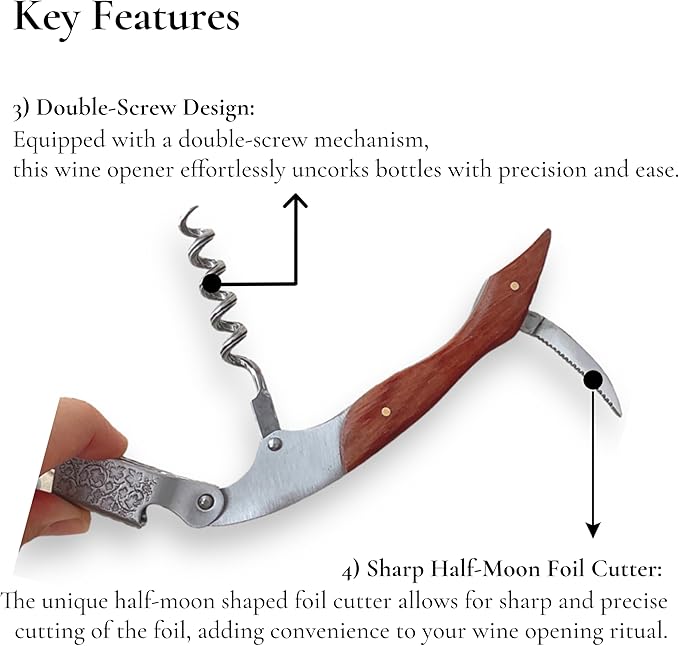 Professional Wood Grapevine Pattern Sommelier Knife With Green Leather Wine Keyring with Ergonomic Wood Grip, Beer Bottle Opener Foil Cutter Waiters Corkscrew Wine Opener