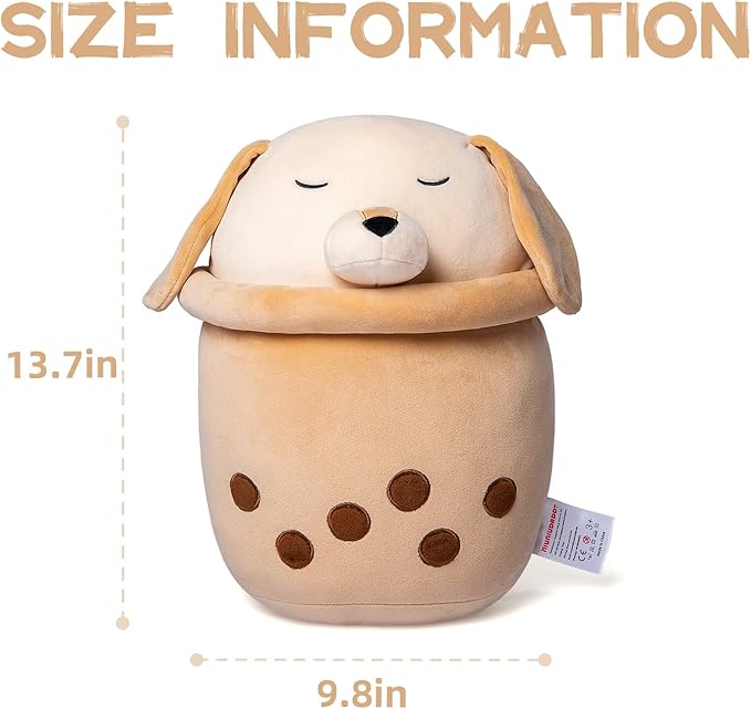 Niuniu Daddy Boba Plushies with Dog face-13.7inches Large Brown Cream Bubble Tea Stuffed Animals for Boys -Soft Kawaii Milk Tea Cup Plush Toy Pillow for Kids-Machine Washable