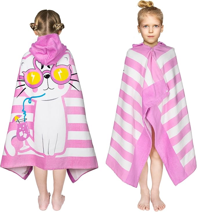 Toddler Bath Towel Hooded - Cotton Kids Beach Towel 30"x50" for Ages 3 to 10, Soft Terry Poncho Towel as Pool Swim Cover Ups for Girls Boys (Cat Pink)