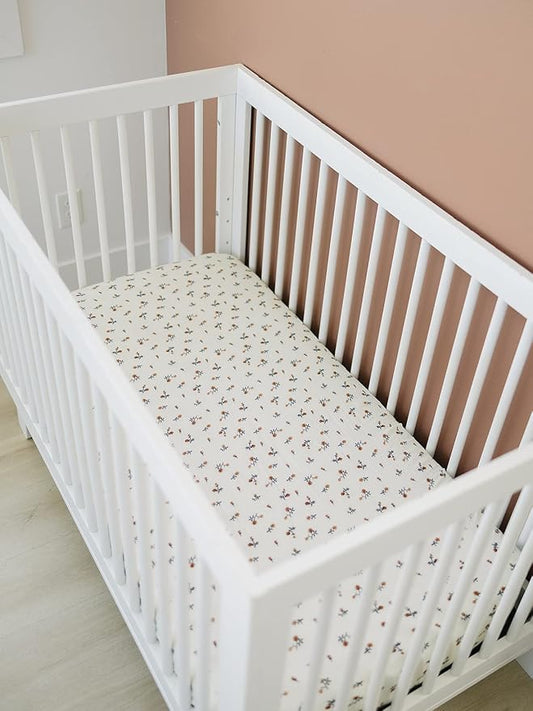 Cream Floral Muslin Crib Sheet by Mebie Baby, Soft and Breathable Bed Sheets for Babies, Modern Neutral Bedding for Cribs, Standard Crib Mattress Fitted Sheet, Great for Boy or Girl Room or Nursery