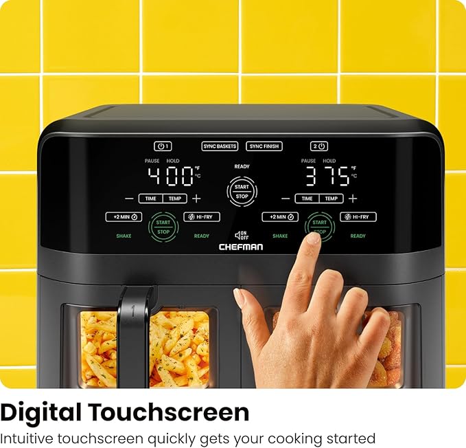 CHEFMAN 6 Quart Dual Basket Air Fryer Oven with Easy View Windows, Sync Finish, Hi-Fry, Auto Shutoff, 2 Independent 3Qt Nonstick Dishwasher Safe Frying Baskets, Digital Double Air Fryer - Black