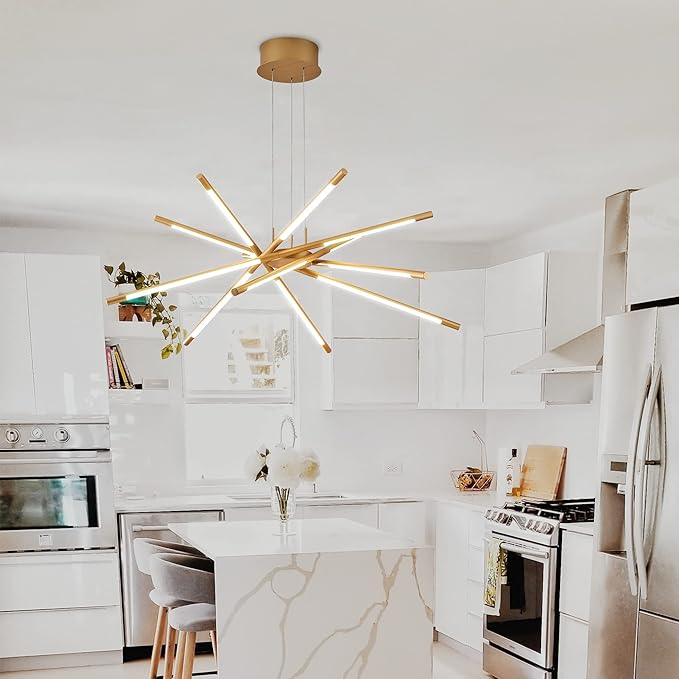 Gold 12-Light Modern Led Chandelier Flush Mount DIY Linear Art Deco Chandeliers Fixture for Dining Room,Staircase Bedroom,Bathroom,Living Room,Foyer and Kitchen Island Easy to Install Lamp