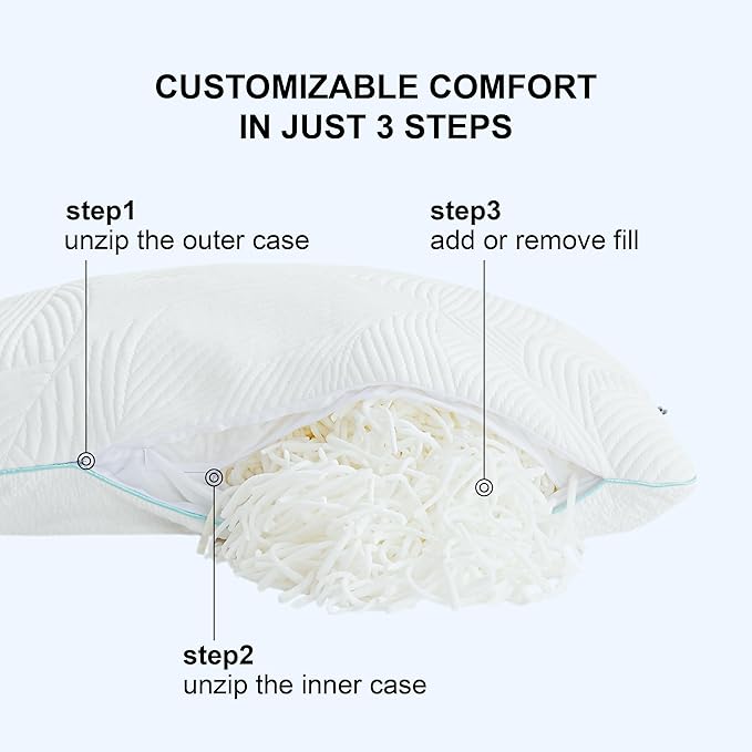 Shredded Memory Foam Pillows King Bed Pillows Set of 1, Summer Cooling Pillows for Hot Sleepers with Washable Pillowcase, and Winter Soft Dual Sided Pillow for Back and Stomach Sleepers