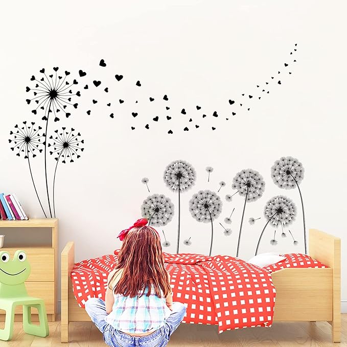 Cherry Blossom Tree Wall Decals, Butterfly Wall Stickers, Pink Flowers Wall Stickers, Removable Vinyl Wall Decor Mural Art for Baby Nursery Bedroom & Living Room Decoration (Zhai-Fly Dandelion 03)