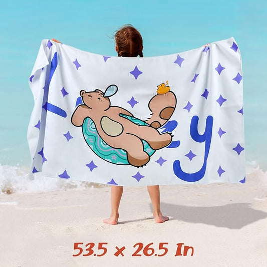 Cleanbear Kids Beach Towel - Cute “Lazy” Bear with Long Tail Design, Soft and Absorbent, Perfect for Bath, Pool, and Beach