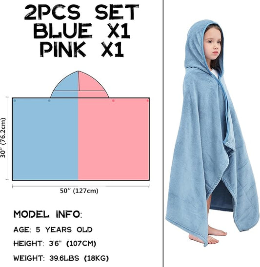 Hiturbo 2Pcs Kids Fleece Hooded Towel: Soft Plush Warm Blanket - 50"x30" Pool Beach Bath Swim Towel Wrap for 3-12 Yrs (Blue+Pink)