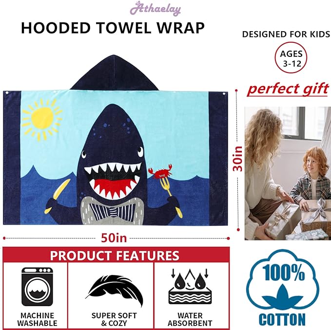 Kids Bath and Beach Soft Cotton Terry Hooded Towel Wrap, 30" x 50", Happy Shark