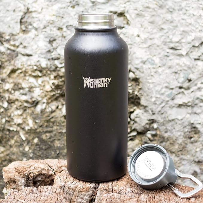 Healthy Human Stainless Steel Water Bottle | Double Walled Vacuum Insulated Water Thermos for Adults | Eco-Friendly Travel Bottles with Leak Proof Lid (Pure Black, 16 oz/ 473 ML)