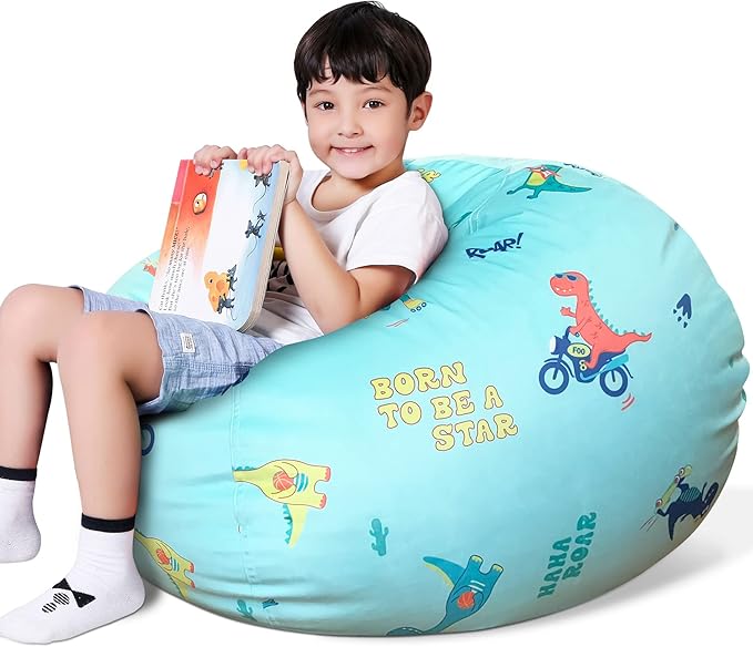 Lukeight Stuffed Animal Storage Bean Bag Chair Cover for Kids, Dinosaur Zipper Beanbag Chair Cover for Organizing Toddler and Kids' Rooms Plush Toys (Dino Blue, X-Large)