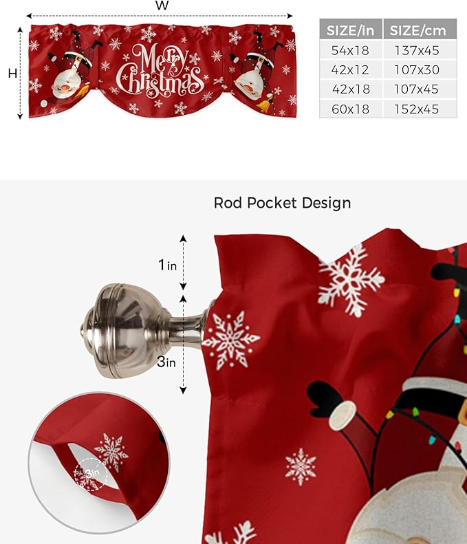 Red Merry Christmas Blackout Tie Up Valance Curtains for Kitchen Windows Funny Hanging Santa Window Toppers Balloon Shades for Living Room/Bathroom/Bedroom,1 Panel, 60" X 18", Snow Winter Holiday