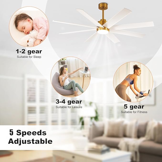 Depuley 60" Industrial DC Motor Ceiling Fan with LED Light, Indoor or Covered Outdoor Ceiling Fans for Living Room Office Bedroom Porch Patio, 5-Speed Remote App Control, White and Gold