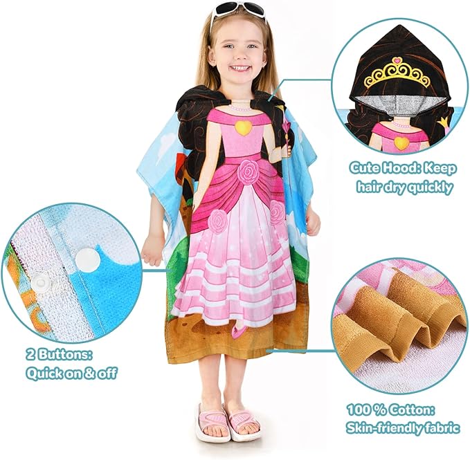 Catalonia Princess Hooded Bath Towel for 2 to 6 Years Girl, 100% Cotton Water Absorption Beach Poncho Swim Changing Robe, Sand Proof