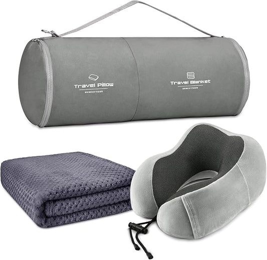 Travel Pillow and Blanket Set Neck Pillow Airplane Memory Foam for Traveling Compact with Bag Grey