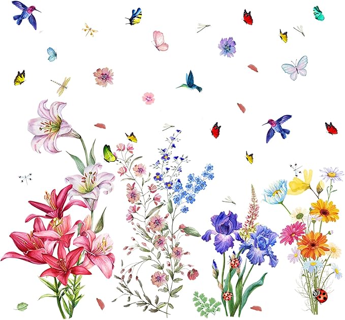 Garden Flower Wall Decals Lily Daisy Butterfly Dragonfly Bird Wall Stickers, Spring Window Clings for Glass Windows Living Room Bedroom Kitchen Wall Decor